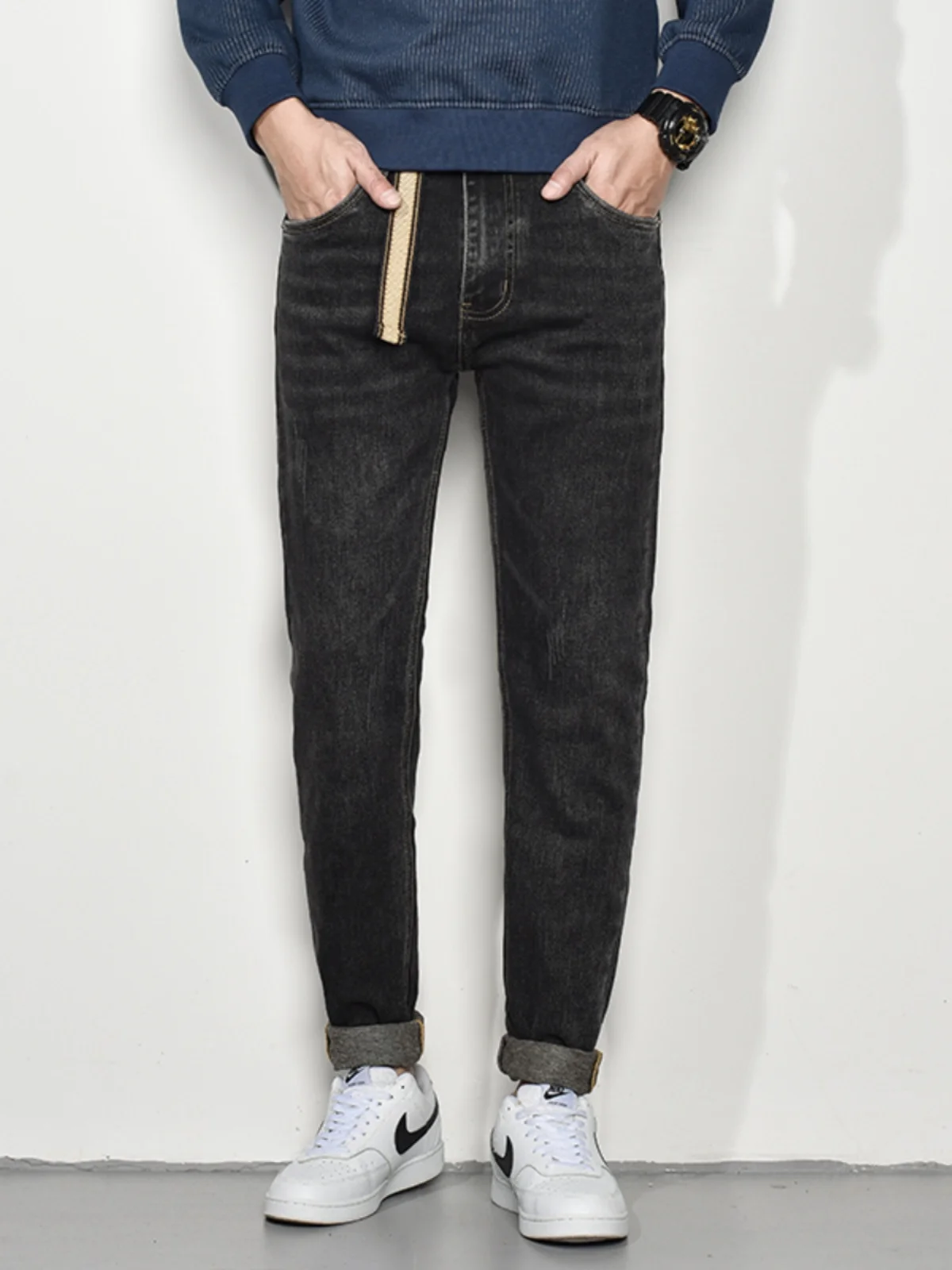 

Мужские джинсы-харланы Slim Fit на весну-осень, эластичные, повседневные, из стираного хлопка, стрейч-деним, со средней посадкой, на молнии