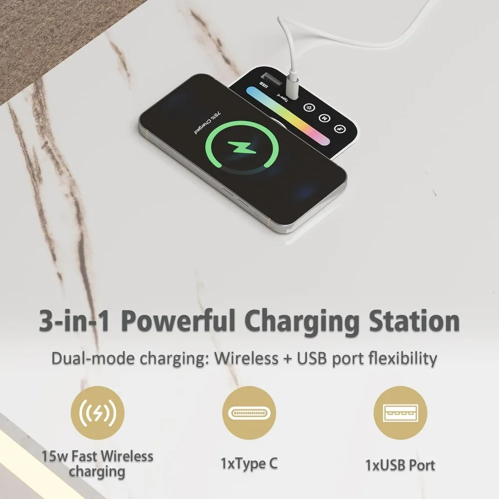 طاولة قهوة LED، طاولات قهوة مقاس 47.2 بوصة لغرفة المعيشة مع شحن لاسلكي ومكبر صوت بلوتوث، طاولة مركزية ذكية للمعيشة