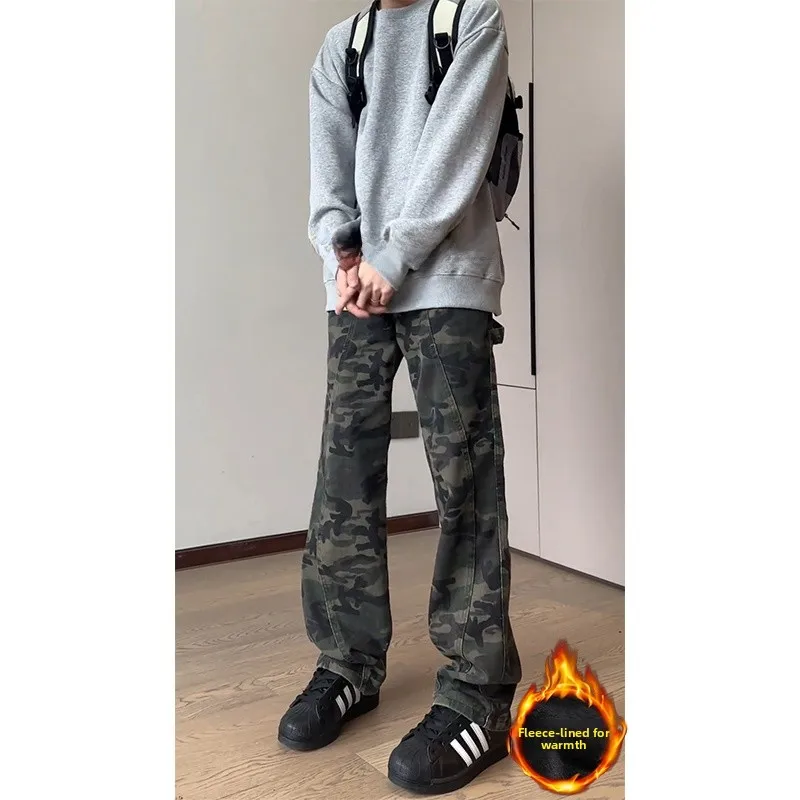 

Cleanfit Men's Camouflage Pants Fleece Lined Workwear American Hiphop Style Winter Thick Straight Leg Trousers
