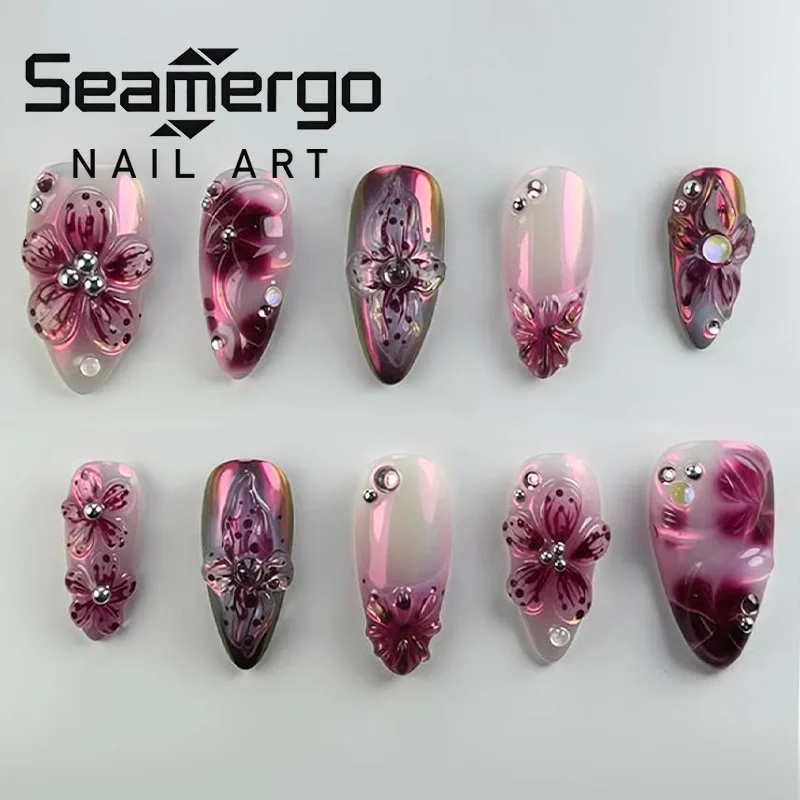 

30PCS 3D Drip Glue Floral Press on Nails Colorful Fresh Medium Almond Sweet Spicy Style Fake Nails Wearable for Women Girl Daily