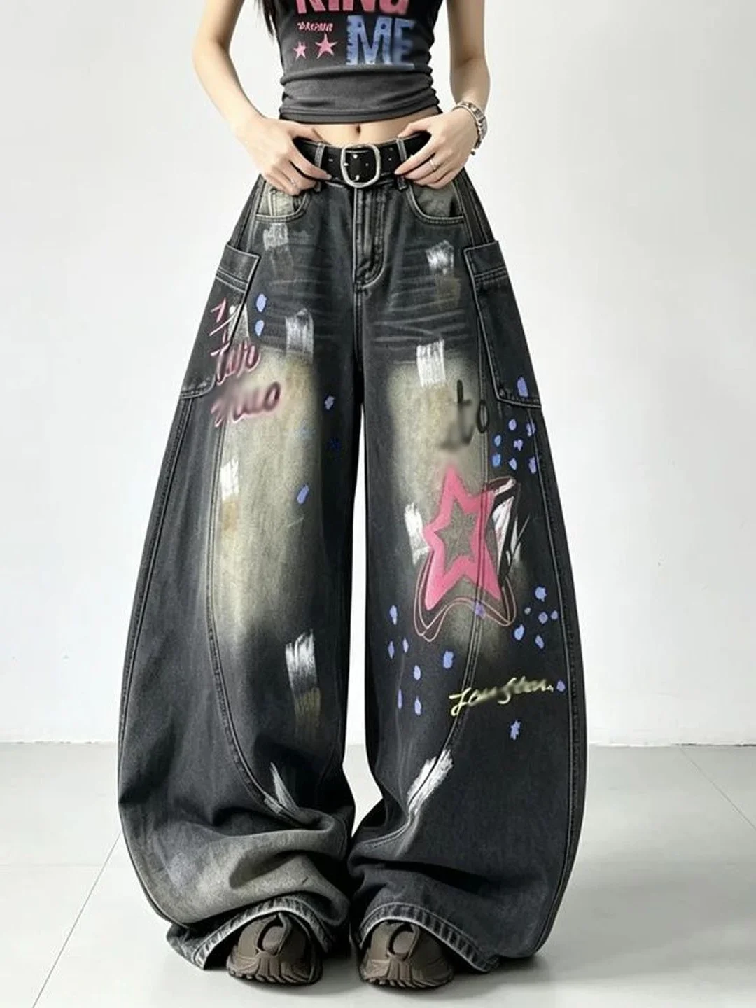 American Street Style Printed Wide Leg Jeans High Waist Bootcut Denim Pants Fall Collection Slimming Effect Trendy Women