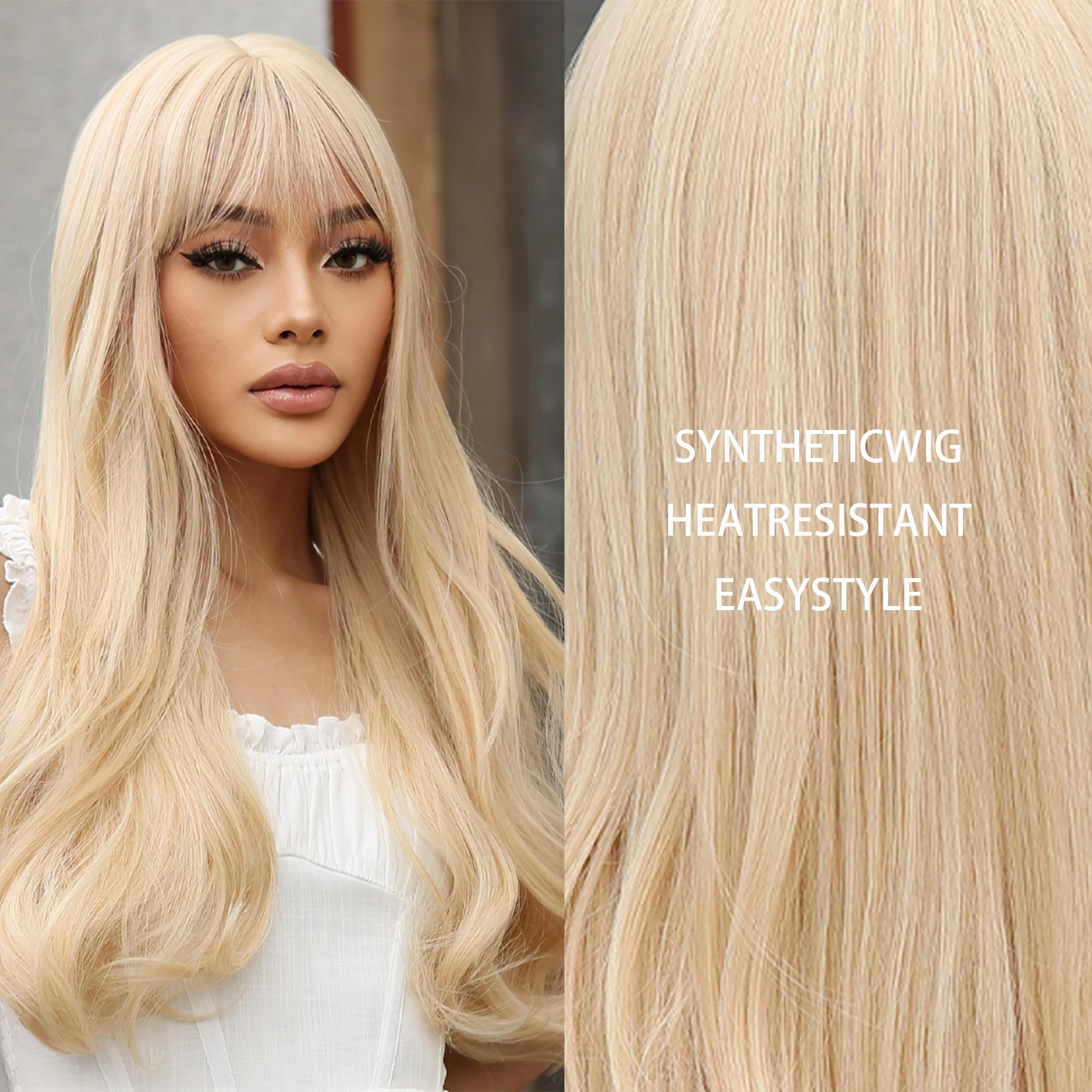 HENRY MARGU Blonde Long Wavy Synthetic Wigs with Bangs Light Blonde Natural Wigs for Women Daily Cosplay Heat Resistant Hair