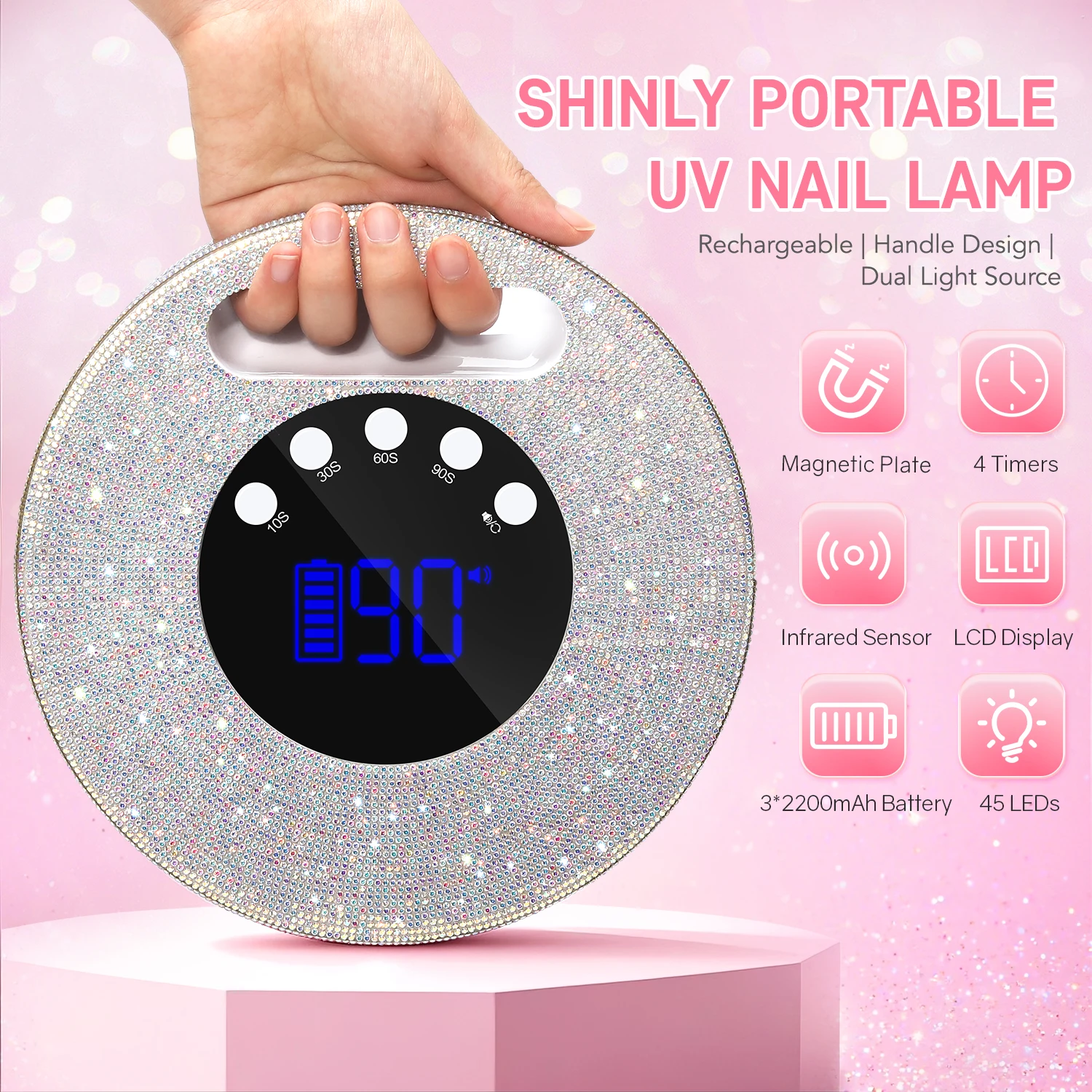 Sparkling Crystal UV Nail Lamp - Rechargeable, Portable with Handle, 4 Timer Settings, Infrared Sensor & Large LCD Screen