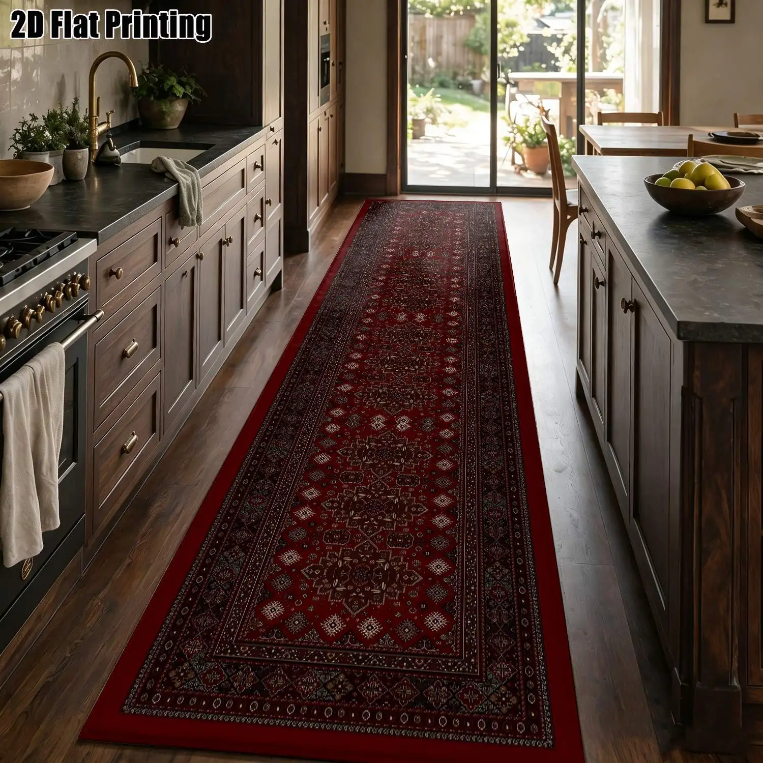 1Pc 2D Printed Long Strip Runner Rugs: Retro Red-Brown Floral, European/Bohemian/Geometric Styles, Machine Washable, Multi-Size, Home Decor for Entrance, Corridor, Bedroom, Living Room