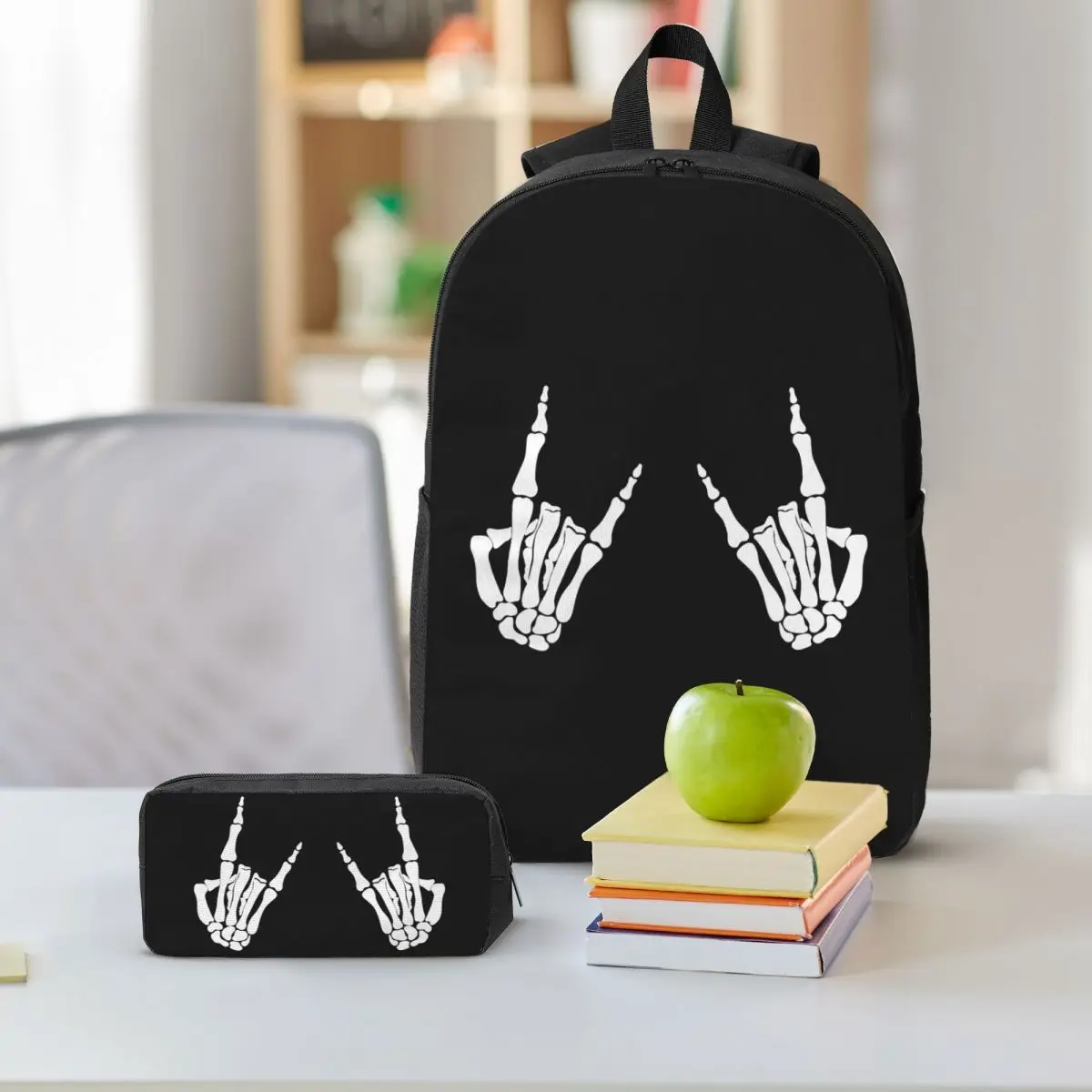 Skeleton Hands Gestures Print Backpack Boys Girls BookBag School Bag Shoulder Bags 3ps Insulated Lunch Bag Pencil Case