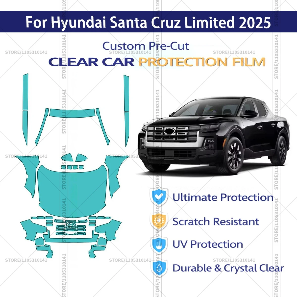 

Предварительно нарезанная прозрачная защитная пленка PPF для автомобиля, комплект для передней части кузова - накладки на пороги для Hyundai Santa Cruz Limited 2025