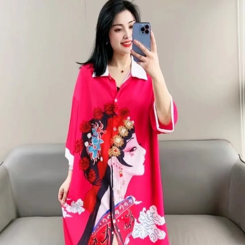 Ice Silk Pajama Dress Women Summer Short Sleeved 2024 New Cute Cat Oversized Fashion Wearing Maternity Shirt Skirt