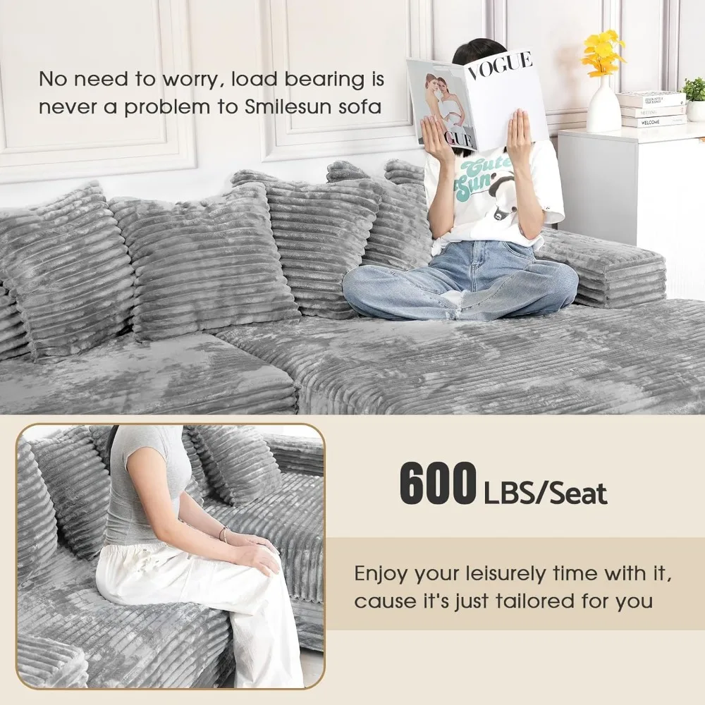 Luxe Oversized L Shaped Sofa with Chaise，Comfy Faux Fur Plush L Shaped Sectional Couches with 8 Pillows，Soft Fluffy Uph