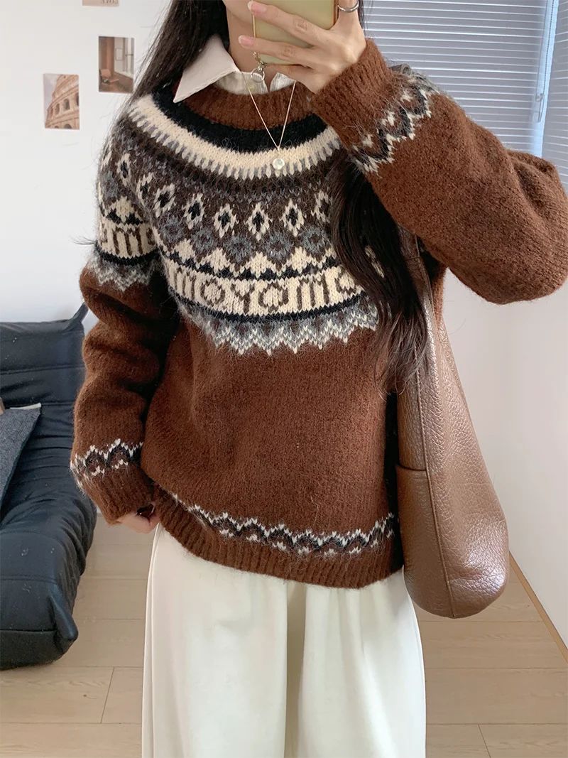 

Thi Warm Brown Knitted Sweater Women's Autumn Winter Vintage Lazy Knitwear AAM Y Fair Isle Embroidery Casual Outerwear