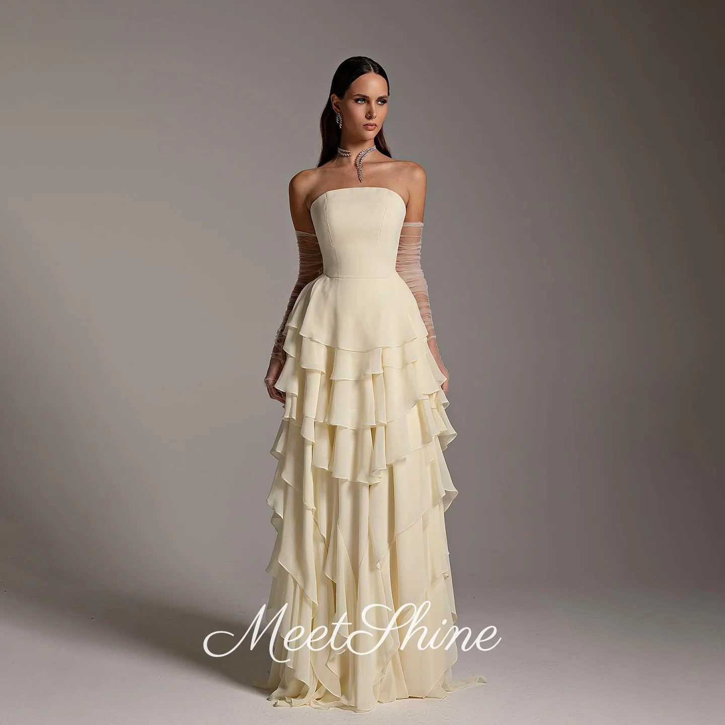 

Elegant Yellow Chiffon Strapless فساتين سهرة Simple Tiered Evening Dresses Saudi Arabia Wedding Dresses Customized
