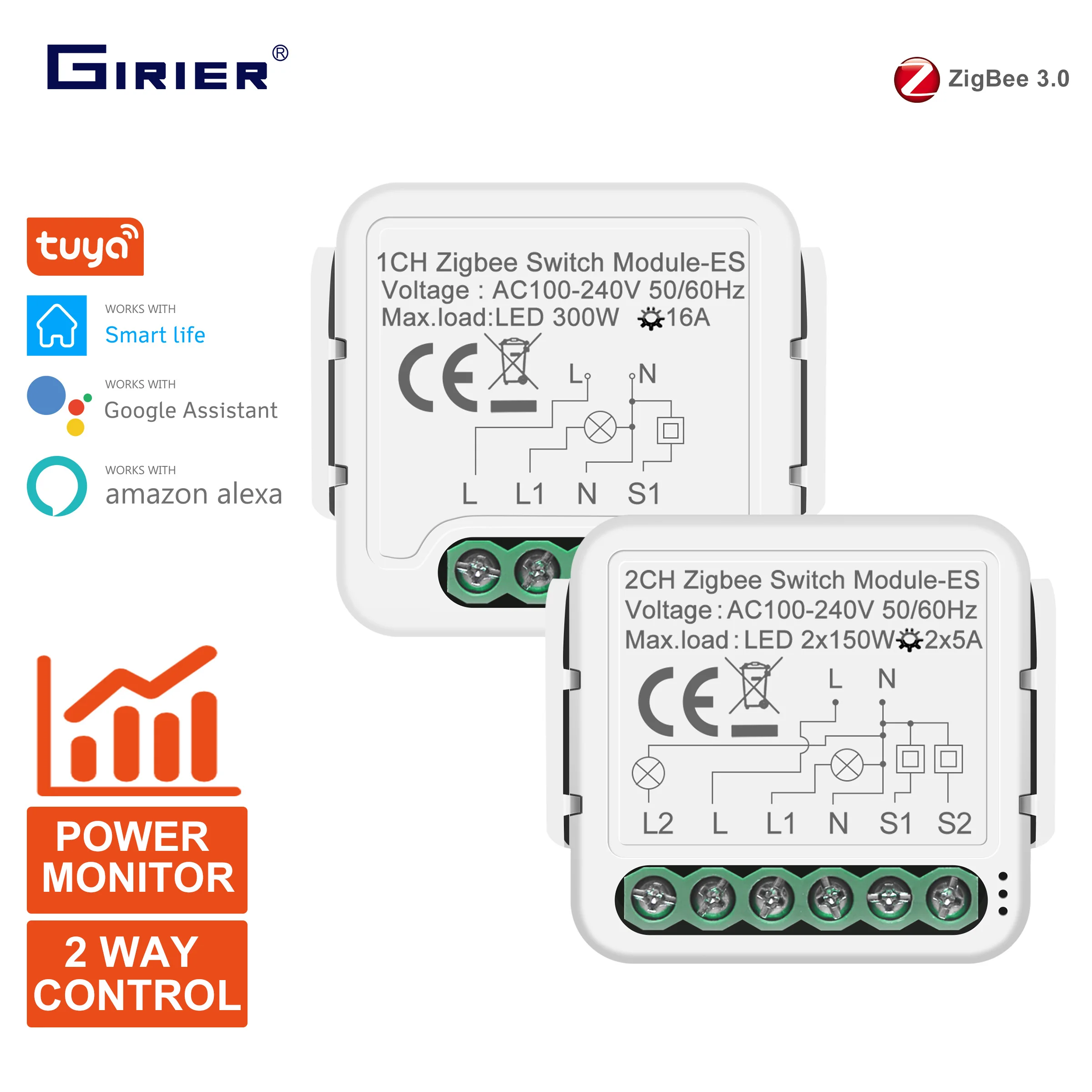 GIRIER Tuya ZigBee Smart Switch Module 16A with Power Monitor Function Smart Home DIY Universal Breaker Support Alexa Hey Google