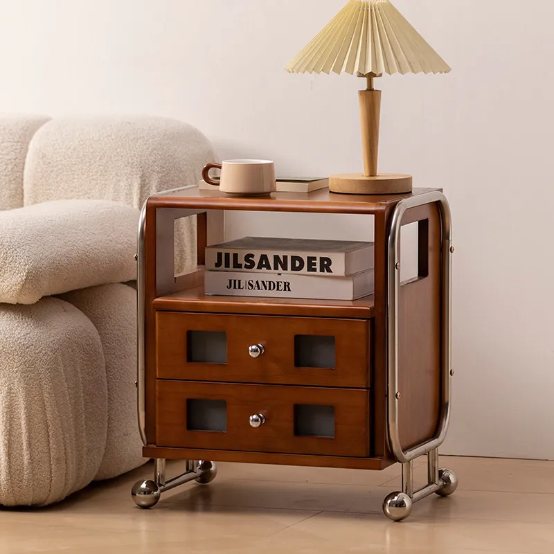 French Retro Solid Wood Treasure Box Bedside Table Stainless Steel Medieval Bedroom Side Cabinet Bauhaus Storage Cabinet