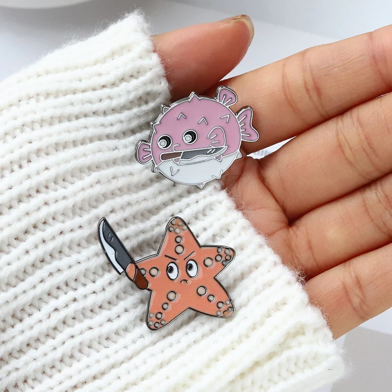 Asassino do oceano alfinetes esmaltados golfinho puffer peixe tartaruga tubarão estrela do mar broche lapela emblemas animal jóias presente para crianças amigos