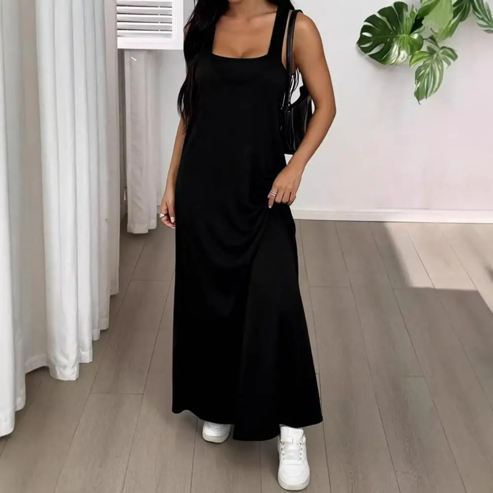 Women Cami Top Dress Two Piece Set Summer Solid Color Wide Strap Long Dress Camisole Casual Ankle Length Sleeveless Midi Dress W view 2