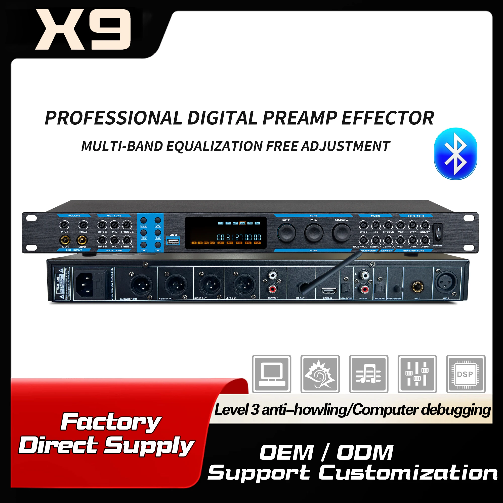 X9 Preamp Digital Effects DSP Digital Reverb KTV Microphone Anti-Shout Bluetooth USB Optical