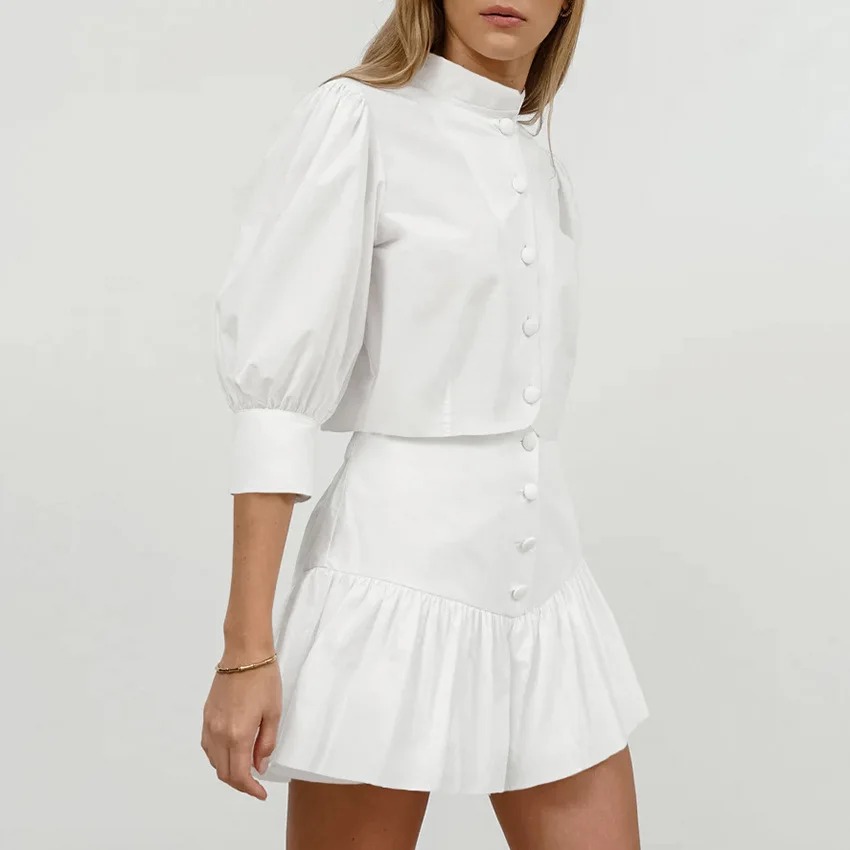 Cotton Linen White Skirt Suit 2 Pieces Sets Chic Half Sleeve Slim High-Waist Skirt Two-piece Set Women's Summer Casual Outfits