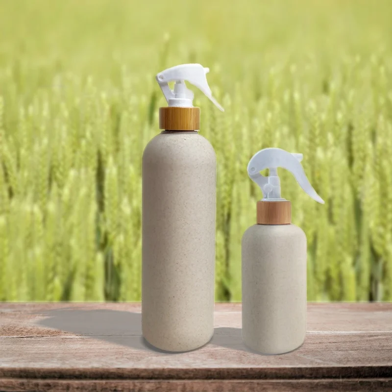 

Biodegradable pet plastic cosmetic container 100ml 250ml 500ml shampoo bottle bamboo trigger sprayer cap wheat grass material