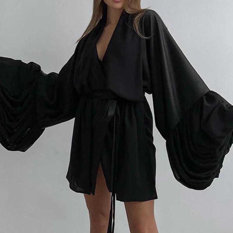 Casual V Neck Lace Up Satin Women Dress New Elegant Flared Sleeve Loose Party Dress Simple Solid Color Waist Short Dress Vestido