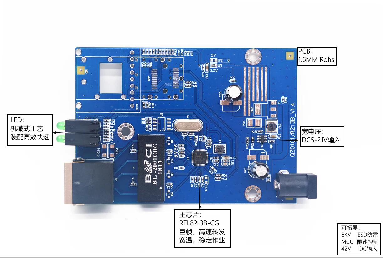 

Gigabit fiber optic transceiver 1 optical 1 electrical RTL8213B solution, wide voltage, wide temperature, quasi-industrial PCBA