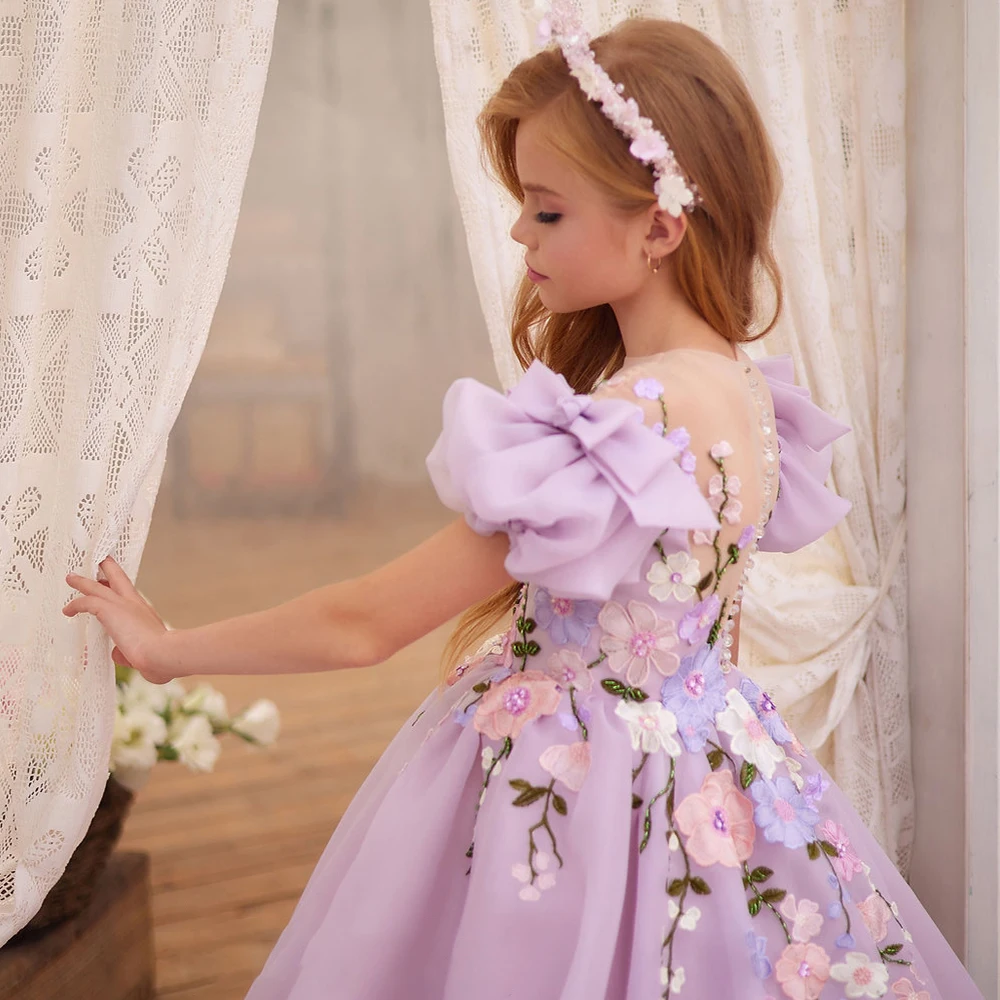 Purple Flower Girl Dress For Wedding Applique Short Sleeve Puffy Tulle With Bow Child First Eucharistic Birthday Party Dresses