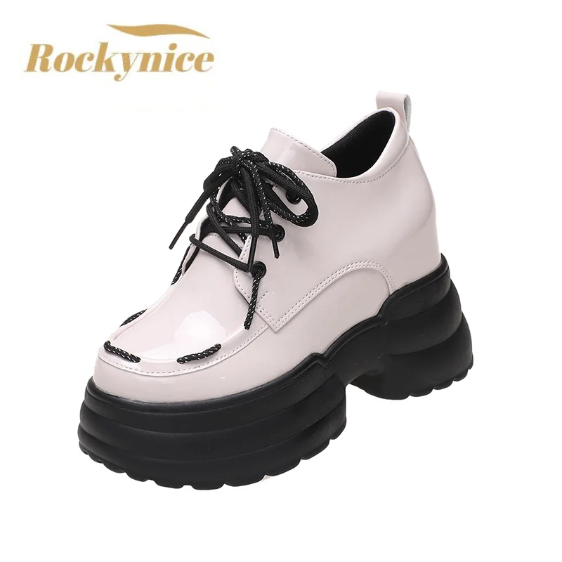 

New Casual Chunky Sneakers Women Autumn Leather Shoes Lace-up Platform Sneakers 10CM Wedges High Heels Vulcanized Shoes Woman