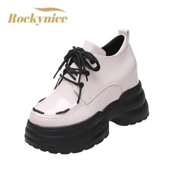 New Casual Chunky Sneakers Women Autumn Leather Shoes Lace-up Platform Sneakers 10CM Wedges High Heels Vulcanized Shoes Woman