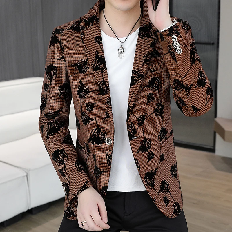 

Autumn Flower Flocking Suit Jacket for Men Slim Fit Classic Plaid Casual Business Blazers Versatile Social Office Suit Jacket