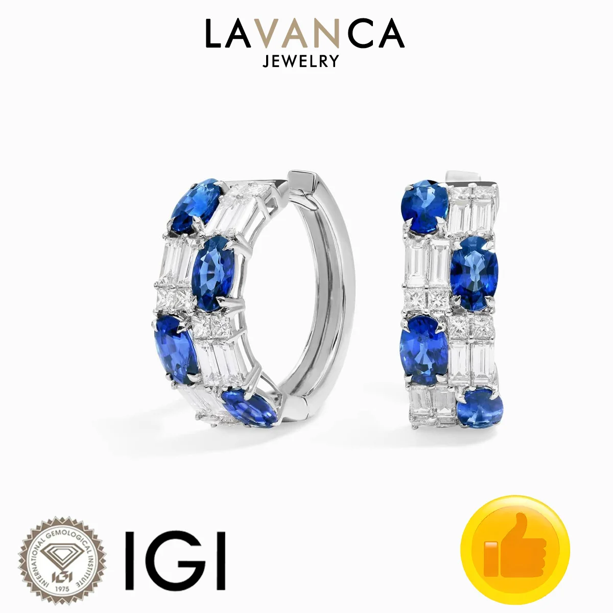 Oval Sapphire and Round Diamond Earrings Lab Grown Sapphire Diamond Earrings 9K/14K/18K White Gold Hoop Earrings For Women