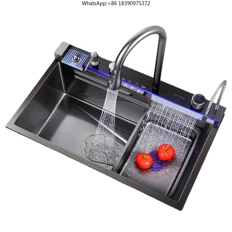 2026 Popular Large LED Display Kitchen Sink Rectangular Single Slot Multifunction Waterfall Anti-Scratch for Hotel Application