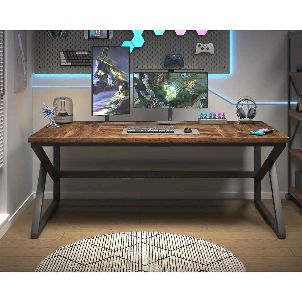 مكتب كمبيوتر بني ريفي كبير، مكتب منزلي من الخشب المعدني مقاس 70 بوصة لشخصين، ألعاب دراسة كتابة طويلة جدًا في المزرعة #5