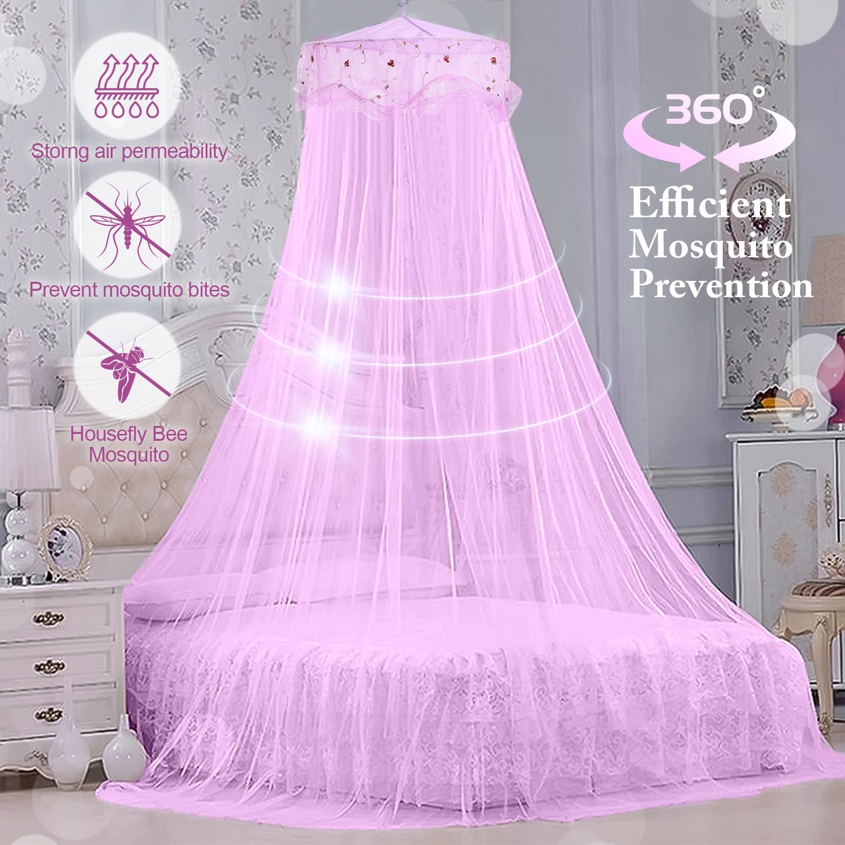 Mosquito Net Breathable Hanging Top Hook Lace Bed Canopy Encrypted Mesh Round Dome for Bedroom Outdoor Camping
