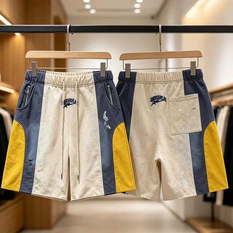 ROUGH PLAY Men Women Splicing Splatter Patch Pocket Letter Print Grey‑Blue Color‑block Shorts