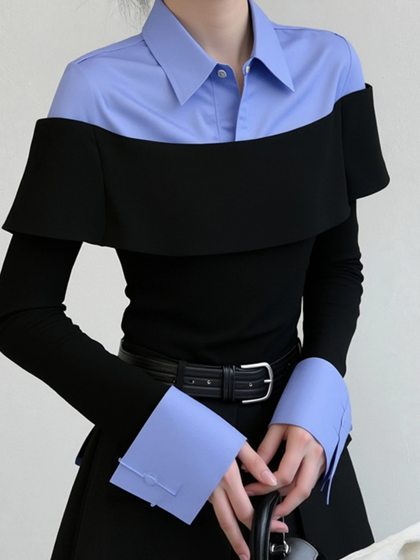 

Женская комфортная модная осенняя блузка Ele Long Sve в стиле пэчворк, корейский стиль, прямой крой, шелковый топ