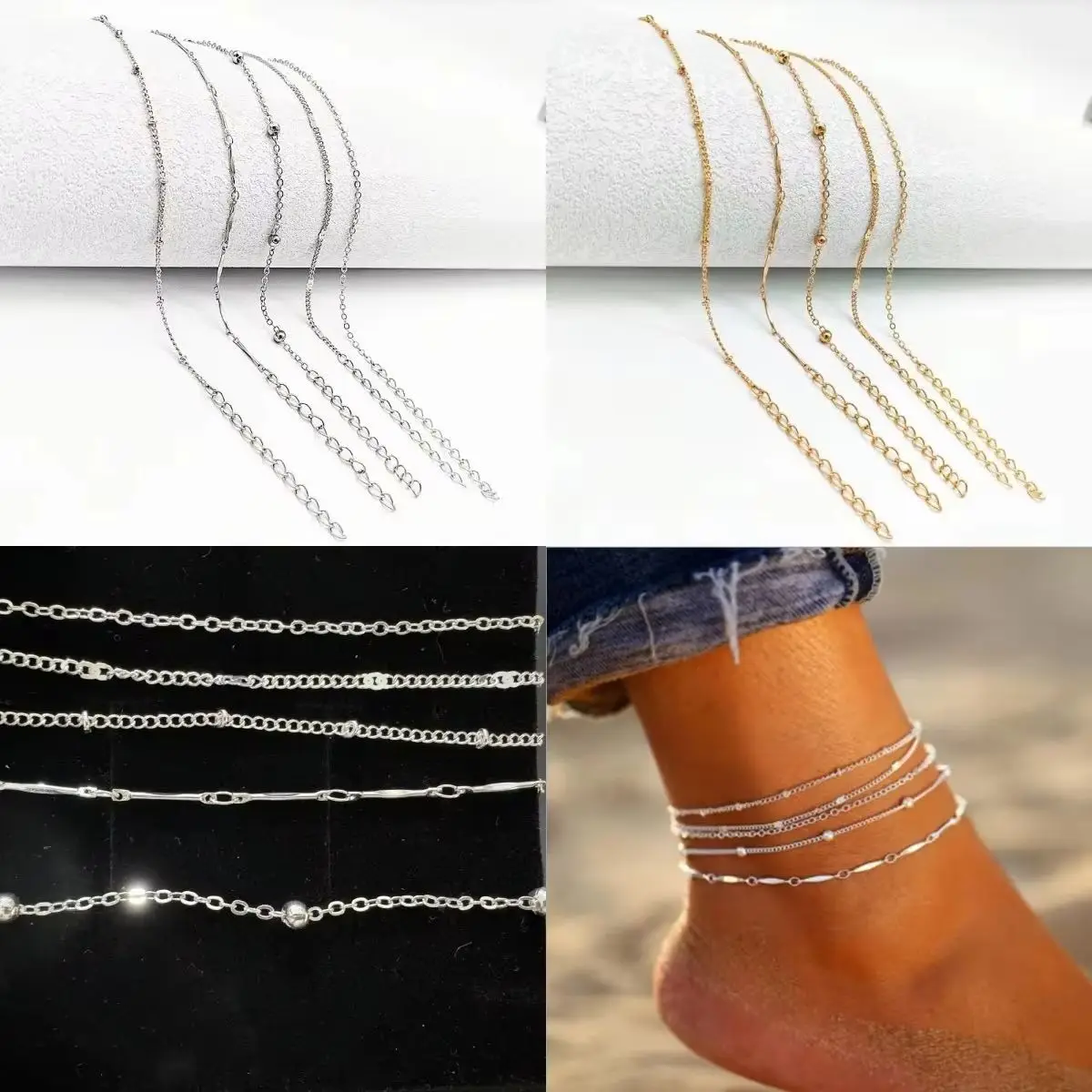 2025 New 5 Pcs/Set Silver Plated Stainless Steel Anklets Unisex Summer Beach Bracelet Jewelry Gift Fashion Accessory