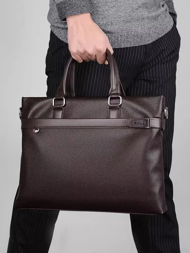 Large capacity business handbag men\'s briefcase soft leather men\'s bag A4 shoulder bag crossbody computer bag file bag