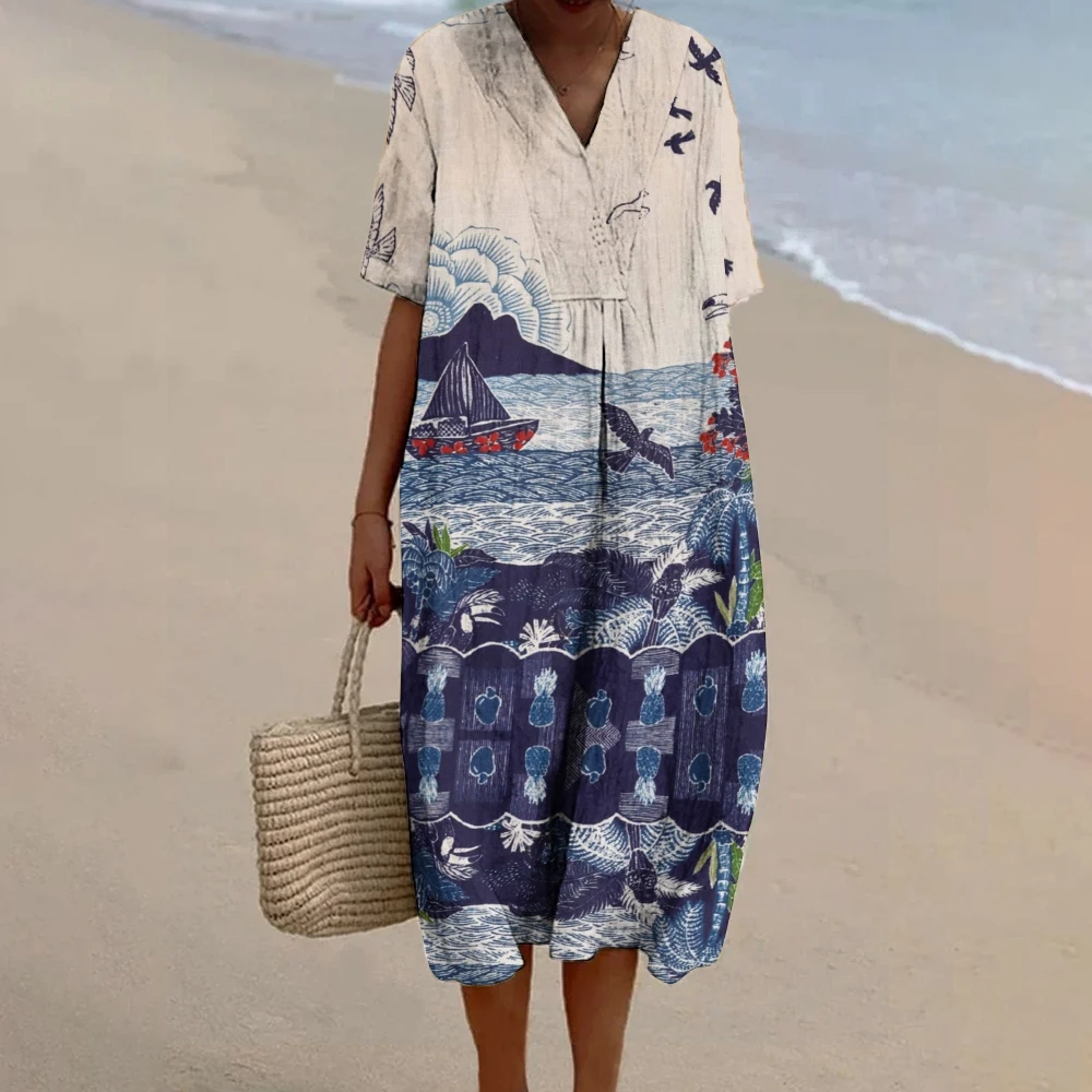 

Women's Ocean Patterns Beach Dress Marine-Inspired Skirt With Sailing Ship Prints Seaside Chic Dress Featuring Seagulls & Waves