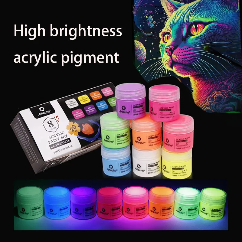 Świecący w ciemności pigment 8-kolorowy zestaw 20ml farba na bazie wody ręcznie malowane Graffiti DIY torba buty odzież Nightglow Pigment
