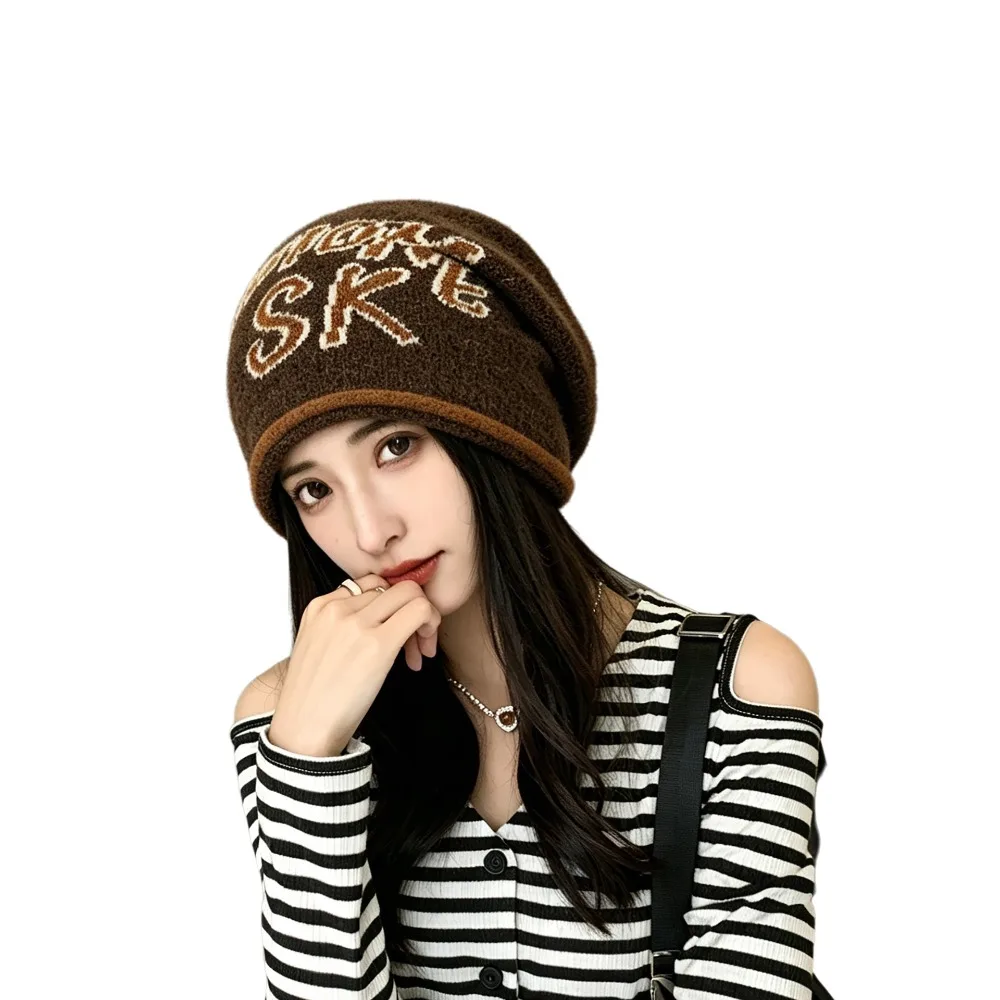 Versatile Large Head Size Knitted Hat Windproof Keep Warm Beanies Hat Jacquard Letter Beanie Bucket Hat For Couple