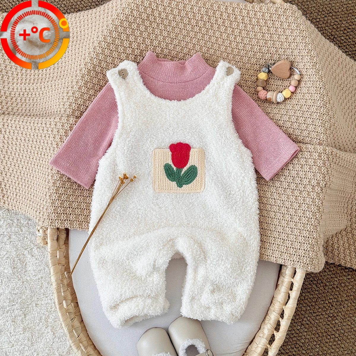 

1-18 Months Baby Girl Set Beautiful Flower Embroidered Plush Rompers+Solid Color Base Shirt 2pcs/Set Baby Autumn Winter Clothing