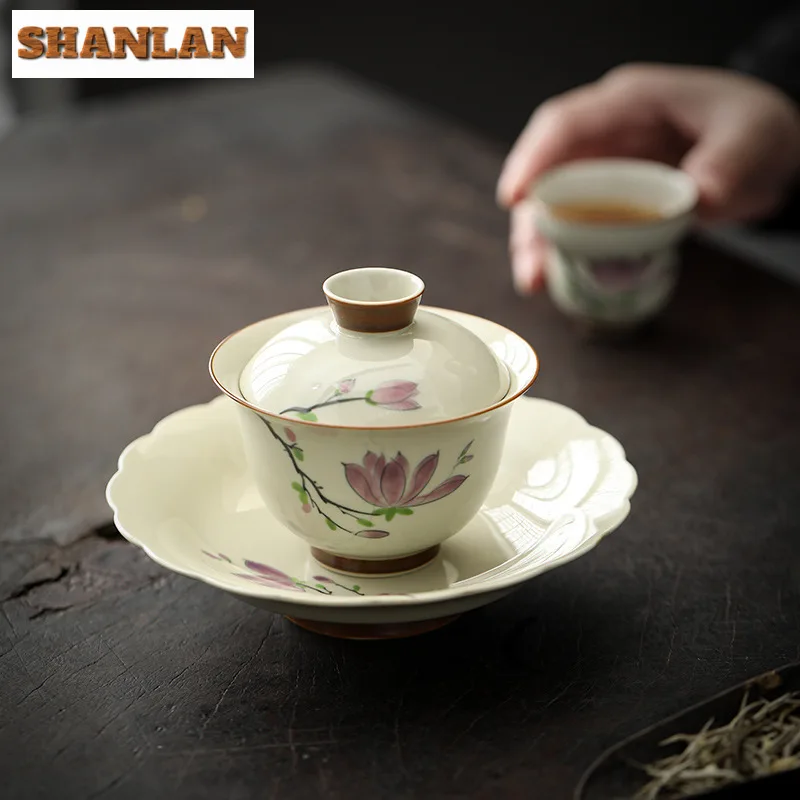 

120ml Hand Painted Magnolia Cover Bowl Set Household Plant Ash Gaiwan Vintage Tea Tureen Tea Brewing Fruit Plate Tea Items Craft