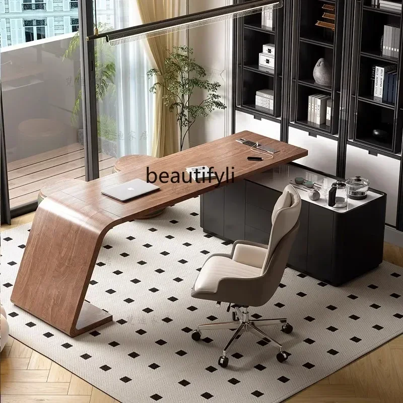 03.Walnut solid wood desk designer large board Nordic desk light luxury high sense