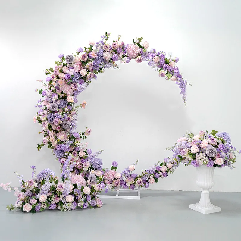 Wedding proposal, purple moon arch, simulation flower, wedding background, crescent flower rack, engagement decoration, floral p