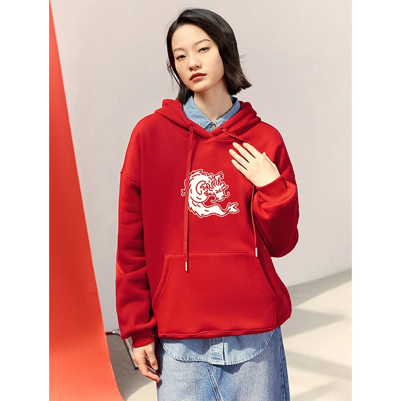 TOYOUTH Women Animal Sweatshirt 2024 Spring New Female Animal Printed Long Sleeve Drawstring Hooded Pullover Tops Red Color