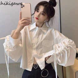 White Blouse Women Fashion Sweet Peter Pan Collar Long Sleeve Crop Tops 2023 Blusas Mujer De Moda Off Shouder Drawstring Shirts