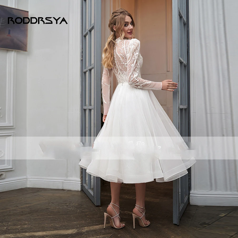 RODDRSYA High Collar With Sleeve Luxury Applique Wedding Dress Short Tulle Custom Elegant Tea Length Bride Gown Button Vestidos