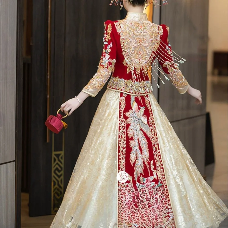 The new Chinese slim-fit crested and Xipei champagne color high-grade dress image 5