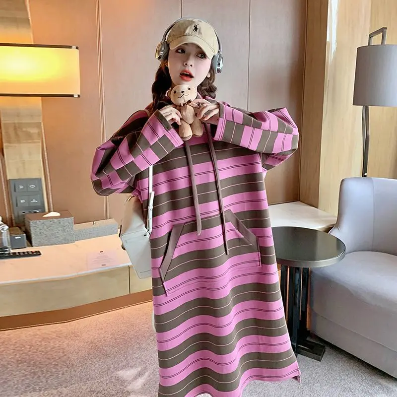 Belle robe mi-longue rayée Patchwork sweats robe Femme automne hiver surdimensionné décontracté robes amples femmes vêtements t-shirt Dres