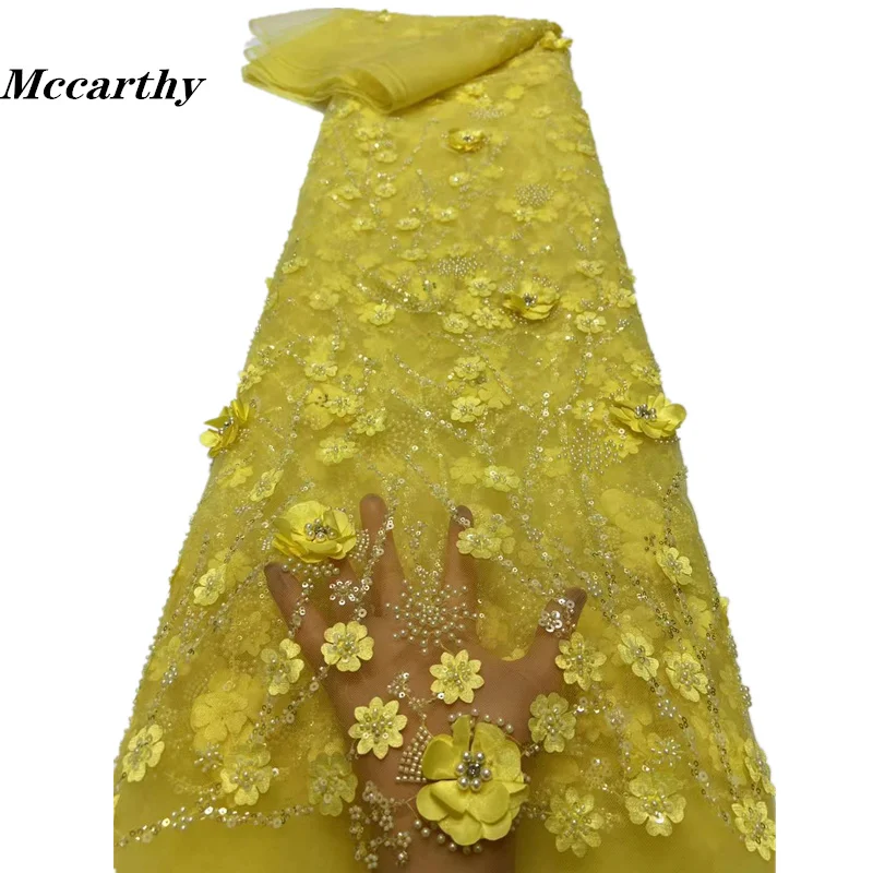 

Mccarthy, 3D цветы, африканская кружевная ткань, вышитая бисером, французская кружевная ткань, Дубайская аппликация, искусственное Свадебное кружево, 5 ярдов