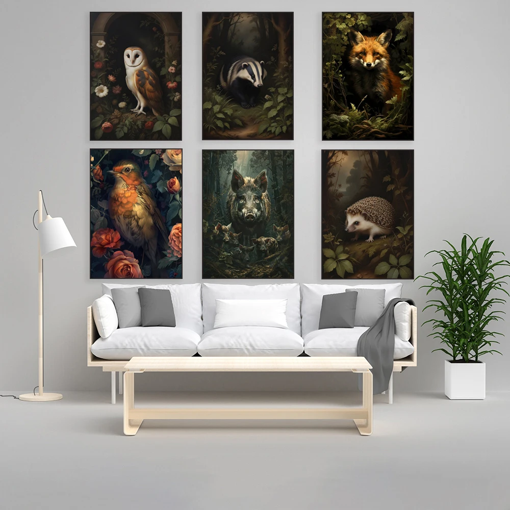 Weelderig birds and floral plants, badger painting, hedgehog, vole, red fox in forest, barn owl, dark moody wildlife poster