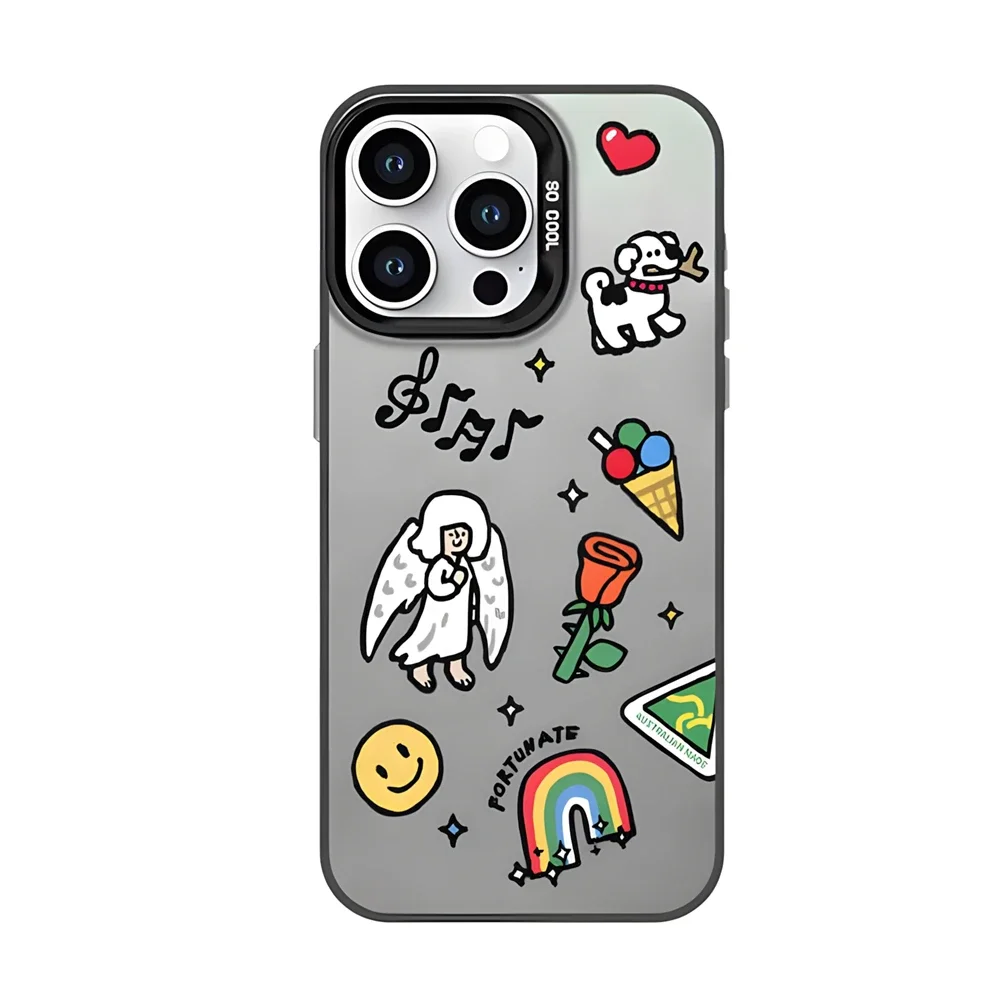 Fashion Doodle Rainbow Angel Case for iPhone 16 12 13 mini 11 14 15 Pro Max Xs XR 8 Plus Hard IMD Plastic Shockproof Laser Cover